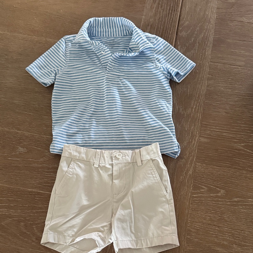 Vineyard Vines Light Blue & White Striped Polo with Cream Shorts Set